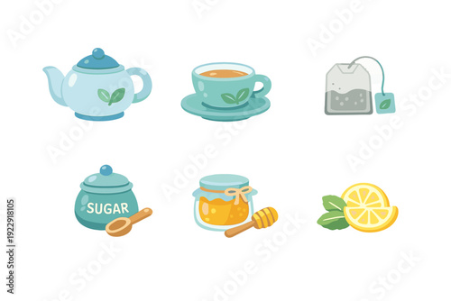 A collection of six tea icons including a teapot, a cup of tea, a tea bag, a sugar bowl with a spoon, a jar of honey with a dipper, and lemon slices with fresh mint leaves.