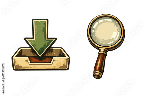 Two vintage-style icons on a black background featuring a green arrow pointing into a tray and a magnifying glass with a wooden handle. The illustrations have a textured, aged look.