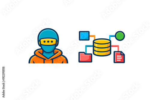 A flat vector illustration of a masked hacker in an orange hoodie next to a central database icon connected to various digital file folders and documents on a black background.