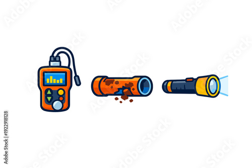 A set of three cartoon icons featuring an orange electronic tester with a screen, a damaged rusty pipe with debris, and a blue flashlight shining light on a black background.