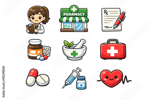 A collection of nine cute cartoon icons related to pharmacy and medicine, including a pharmacist, a store building, pills, a syringe, a first aid kit, and a smiling heart on a black background.