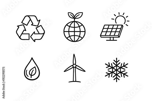 Six minimalist black line icons depicting ecological concepts such as recycling, solar panels, wind turbines, water drops, and global green initiatives set against a plain white background.