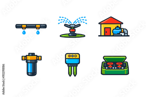 A set of six colorful flat icons representing various irrigation system components including a sprinkler, drip pipe, pump house, water filter, soil sensor, and valve box.