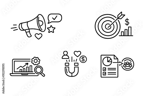 A collection of five white line art icons on a black background representing marketing concepts like promotion, targeting, data analytics, customer attraction, and reporting.