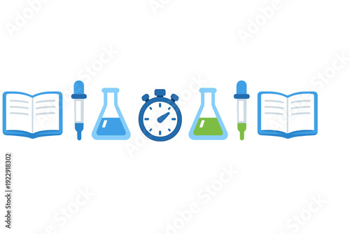 A horizontal row of flat science icons featuring open books, droppers, conical flasks with blue and green liquids, and a stopwatch, all set against a solid black background.
