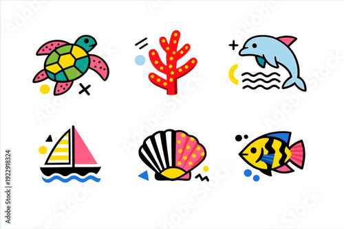 A collection of six colorful ocean-themed icons including a sea turtle, red coral, jumping dolphin, sailboat, seashell, and tropical fish set against a solid black background.