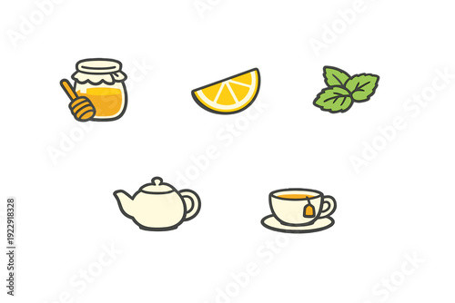 A collection of five tea-related icons including a honey jar with a dipper, a lemon slice, fresh mint leaves, a teapot, and a cup of tea on a saucer against a black background.