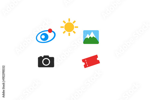 A collection of five colorful flat icons including a sun, a landscape, a camera, a red ticket, and a stylized blue eye symbol, all arranged on a solid black background.