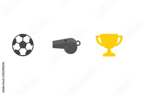 This minimalist illustration features a soccer ball, a referee whistle, and a golden trophy cup arranged horizontally against a solid black background. Ideal for sports concepts.