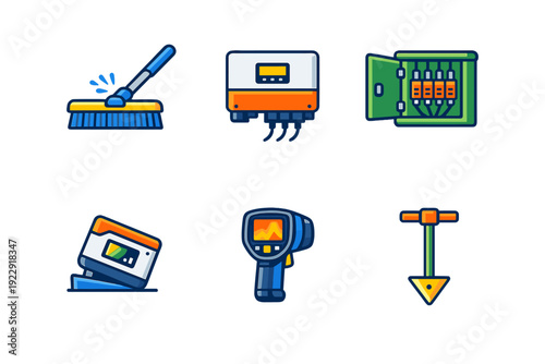 A set of six flat vector icons representing solar panel maintenance and electrical equipment, including a cleaning brush, inverter, fuse box, and thermal camera on a black background.