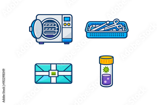 A set of four medical icons featuring a sterilization autoclave, a tray of surgical instruments, a wrapped sterile pack, and a specimen container with a virus symbol.