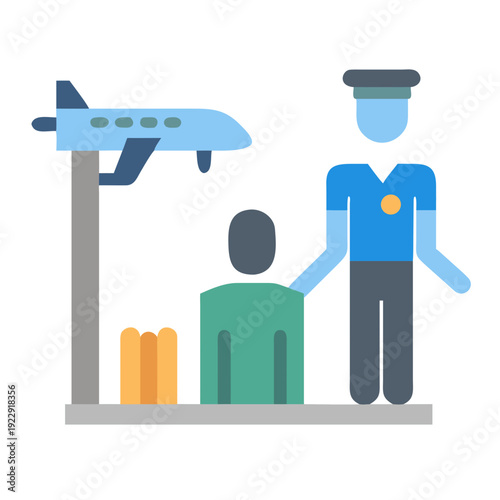 Airport Security Checkpoint Flat Design Illustration: Passenger, Officer, Luggage, and Airplane Scanner