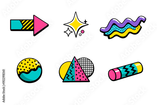 A collection of six vibrant geometric icons in a retro Memphis style featuring arrows, stars, wavy lines, and circles with bold patterns and colors on a solid black background.