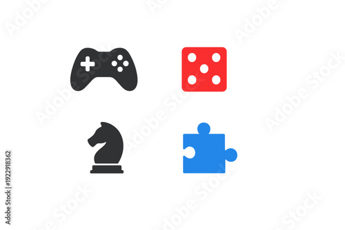 A collection of four minimalist game icons including a gray video game controller, a red die with white dots, a gray chess knight piece, and a blue puzzle piece on a black background.