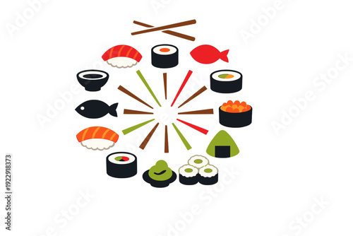 Flat illustration of various sushi types, rolls, and Japanese cuisine elements arranged in a circular pattern with chopsticks on a solid black background.