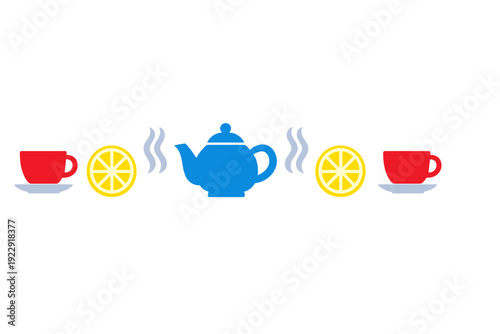 A colorful flat illustration featuring a blue teapot in the center flanked by two yellow lemon slices and two red cups on saucers with steam icons all set against a solid black background.