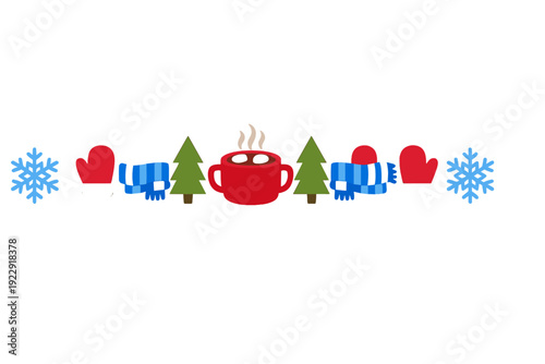 A horizontal row of winter icons featuring snowflakes, red mittens, blue striped scarves, green pine trees, and a steaming red mug of hot cocoa on a solid black background.