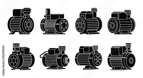 Collection of black silhouette water pumps in various orientations