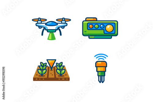 A set of four colorful flat icons representing smart farming technology, including an agricultural drone, a sensor device, a field probe, and a monitoring camera system.