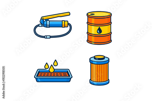 A set of four vector icons related to automotive maintenance and lubrication, featuring a grease gun, an oil barrel, a drain pan with droplets, and a cylindrical oil filter on a black background.