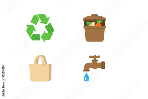 A collection of four sustainability icons including a green recycling symbol, a compost bin with food scraps, a reusable tote bag, and a water faucet with a drop on a black background.