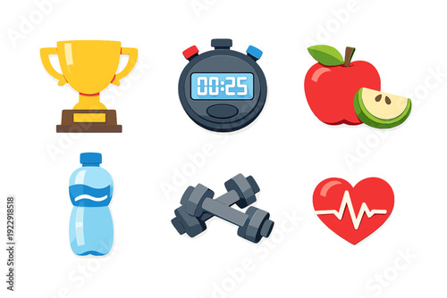 A collection of six fitness and health icons including a gold trophy, a digital stopwatch, a red apple, a water bottle, grey dumbbells, and a heart with a pulse line on a black background.