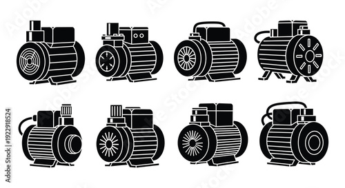 Collection of black silhouette water pumps in various orientations