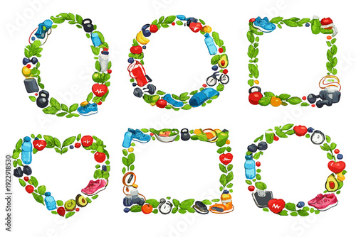 A collection of six frames in shapes like heart, circle, and square, featuring green leaves, sports gear, and fresh fruits, representing a healthy and active lifestyle.