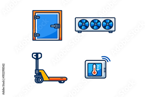 A set of four flat vector icons representing cold storage logistics, including a freezer door, a refrigeration unit, a manual pallet jack, and a digital temperature controller.