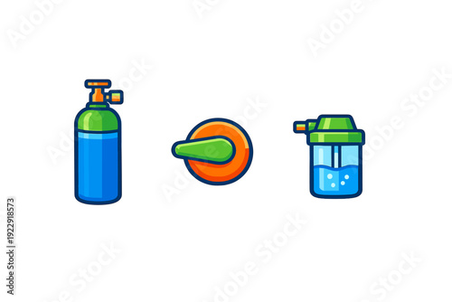 A set of three stylized medical icons featuring a blue oxygen cylinder, a green and orange control valve, and a humidifier bottle with bubbles on a black background.