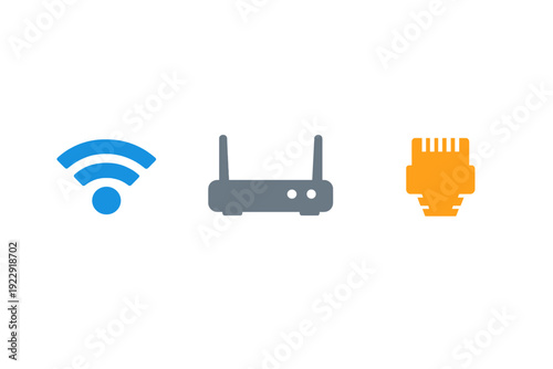 A set of three minimalist icons for network technology featuring a blue wireless signal, a grey router with antennas, and an orange ethernet connector on a black backdrop.