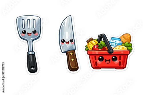 Three cute kawaii stickers featuring a smiling silver spatula, a chef's knife with a wooden handle, and a red shopping basket filled with various groceries on a black background.