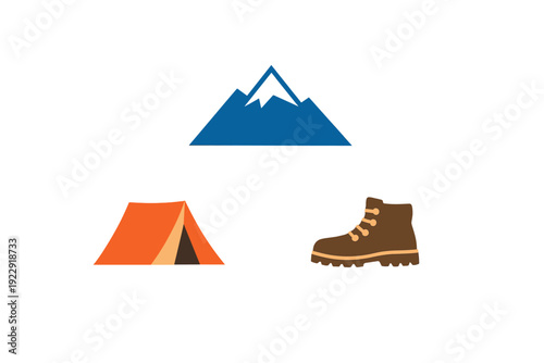A collection of three flat icons representing outdoor activities, featuring a blue mountain, an orange camping tent, and a brown hiking boot, all set against a solid black background.