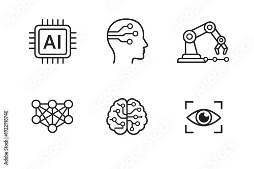 A set of six white minimalist icons representing artificial intelligence concepts including a microchip, human head with circuits, robotic arm, neural network, brain, and computer vision.
