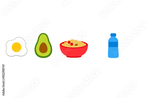 A collection of four colorful food icons including a fried egg, a sliced avocado, a bowl of oatmeal with berries, and a blue water bottle, all set against a solid black background.