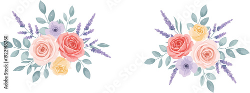 Watercolor floral arrangements with roses and lavender on white background