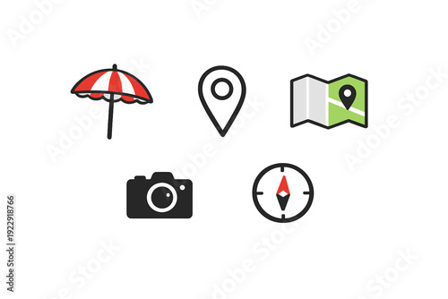 A collection of five travel and vacation icons including a red striped beach umbrella, a location pin, a folded map, a black camera, and a compass set against a black background.