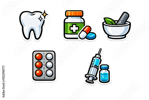 A collection of medical and dental icons featuring a shiny tooth, a medicine bottle with pills, a mortar and pestle for herbal remedies, a blister pack, and a syringe with a vial.