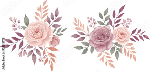 Soft watercolor pink roses and leaves floral arrangements on white background
