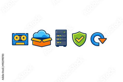 A set of five colorful icons representing data storage and backup solutions, including a cassette tape, cloud storage box, server rack, security shield, and a restore arrow.
