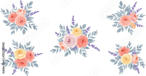 Set of colorful floral bouquets with roses and lavender on white background