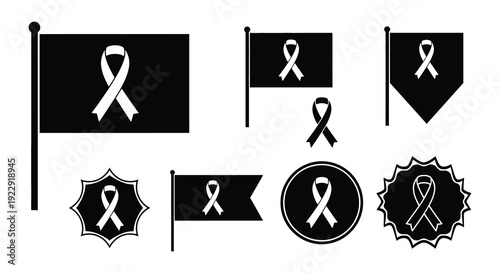 Black flags and emblems featuring a white ribbon symbol displayed