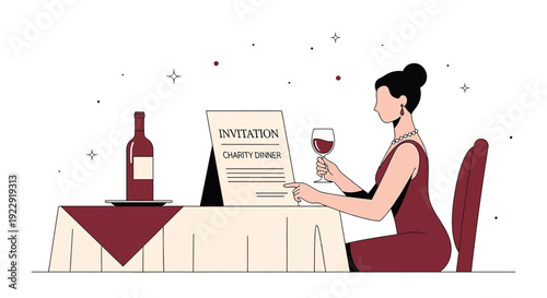 Woman Reading Invitation at Elegant Dinner Table with Wine Bottle