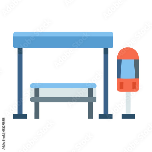 Stylized flat vector bus stop illustration with a waiting bench and ticket machine