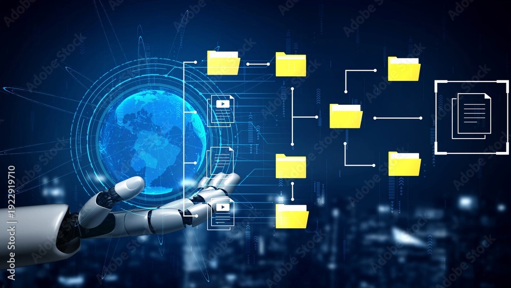 Fototapeta premium Robotic Hand Presenting Digital File Organization with Earth and Futuristic Elements in High-Tech Background Gluon.