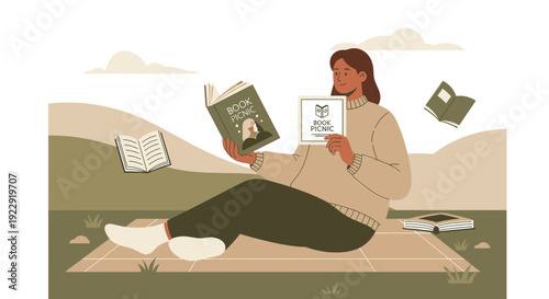 Woman Reading Book Outdoors, Picnic, Literature Concept