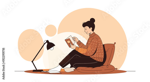 Woman Reading Book Under Lamp, Cozy Home Study, Relaxing Lifestyle