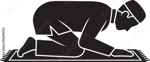 Islamic Prayer Silhouette: Man Prostrating on a Prayer Mat, Symbolizing Devotion and Spiritual Practice in Islam for Religious Concepts