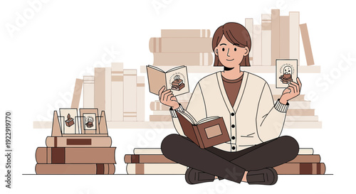 Woman Reading Books Surrounded by Stacked Literature, Knowledge and Education Concept