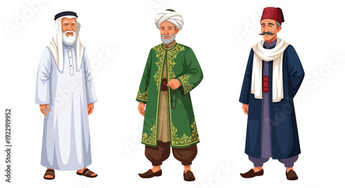 Set of 3 vector collections of Muslim elderly men use traditional Islamic, isolated on white background, cultural character illustration for ramadan kareem and eid mubarak themes
